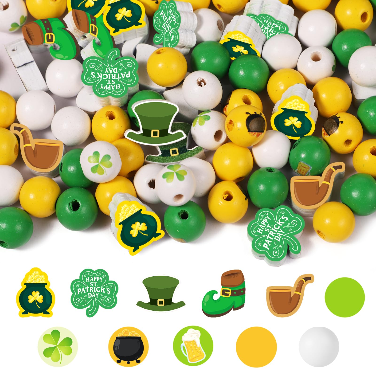Photo 1 of 245pcs St. Patrick's Day Wooden Beads, St Patricks Wood Beads Clover/Shamrock Wooden Beads Colorful Polished Wood Round Beads Spacer Breads Irish Farmhouse Craft Beads for DIY Crafts Home Decor