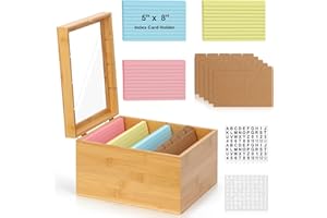 DLUGOPIS 5x8 Index Card Holder with Dividers Bamboo Index Card Storage Box 4 Compartments Recipe Card Box with Lid 150 Index Flash Cards 25 Index Card Dividers 2 Letter Smile Stickers for Office Business Home