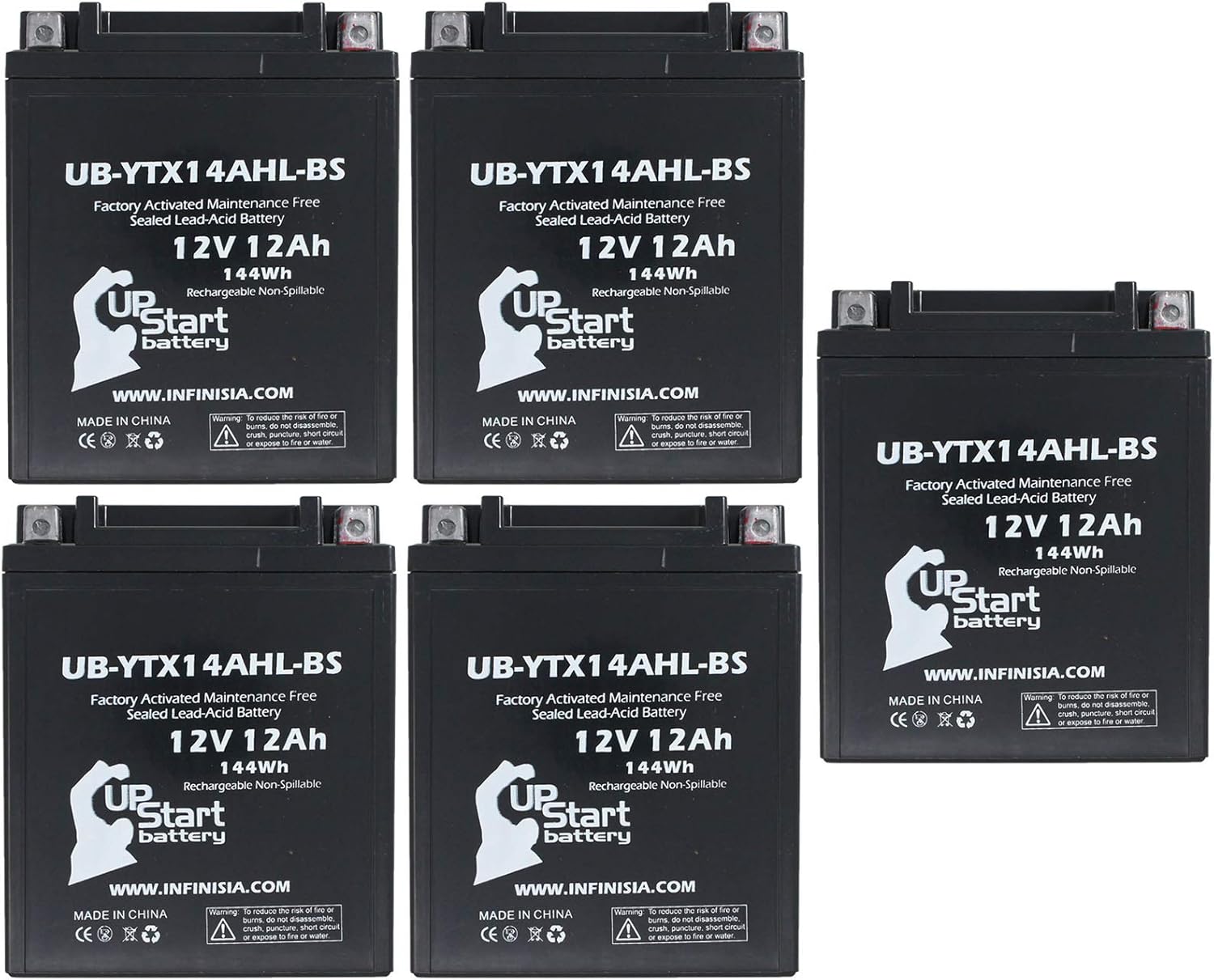 5-Pack UB-YTX14AHL-BS Battery Replacement for 1999 Arctic Cat Tiger Shark 770 CC Personal Watercraft - Factory Activated, Maintenance Free, Motorcycle Battery - 12V, 12AH, UpStart Battery Brand