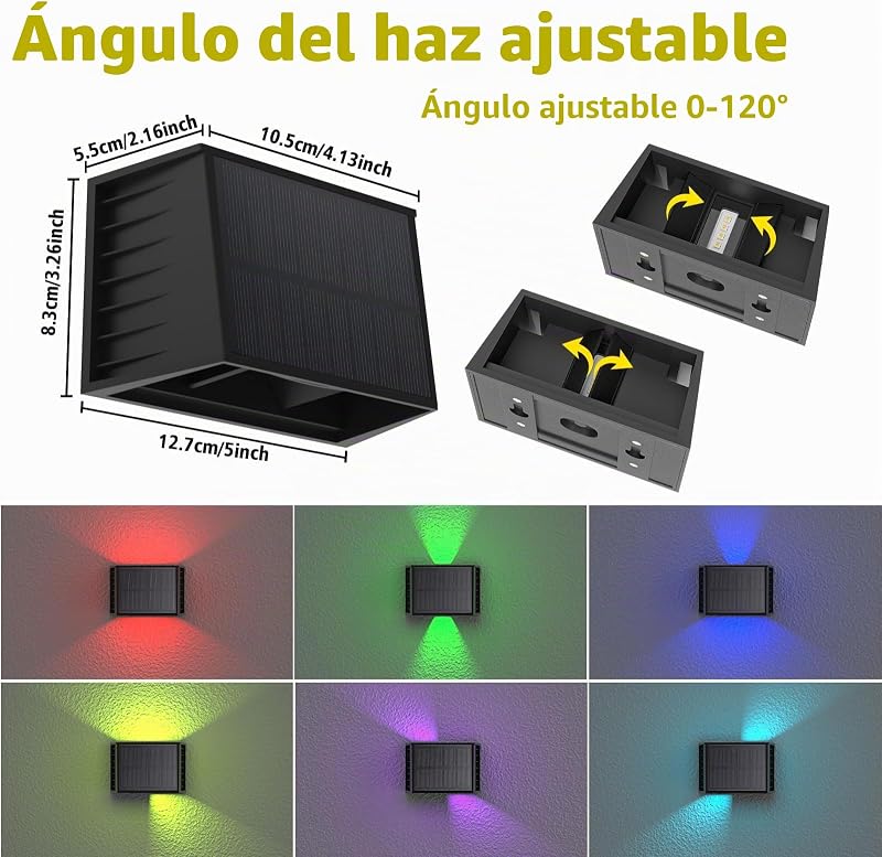 RGB Aplique Solar Pared Exterior, 2 Pack 8 Colores en Ciclo, IP65