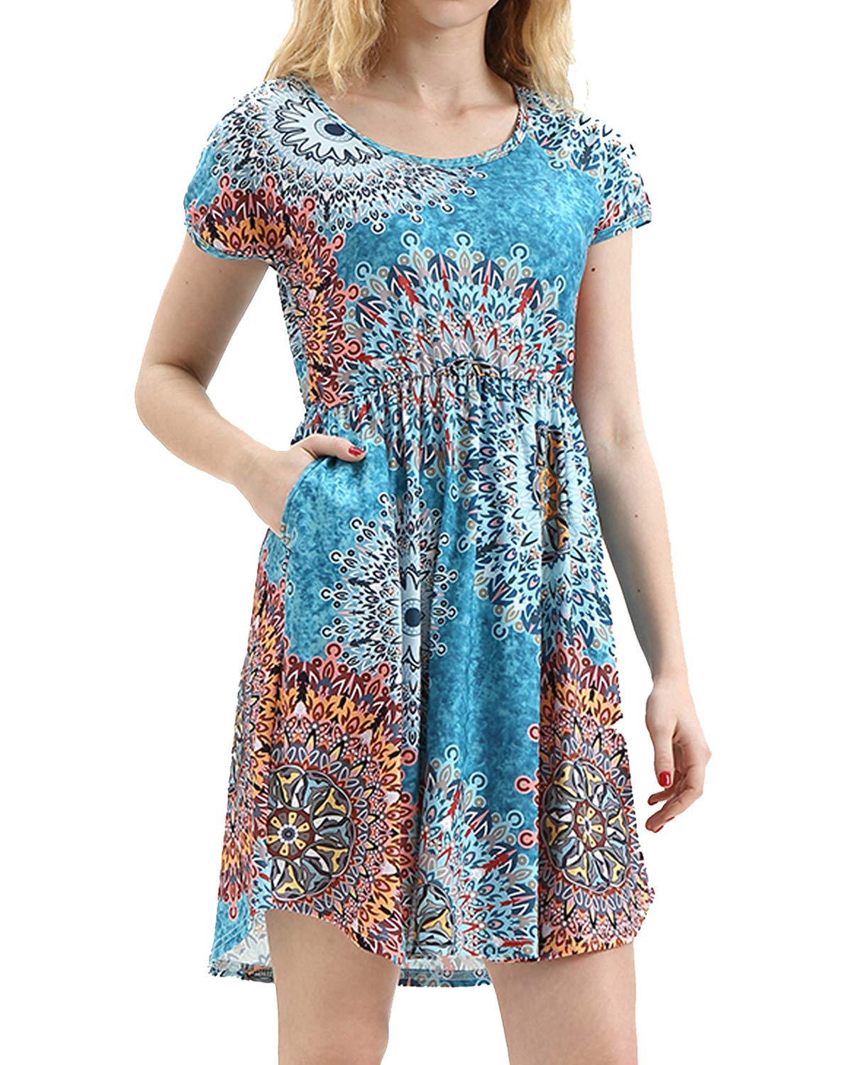HUALAIMEI Modest Dresses for Women, Ladies Round Neck Short Sleeve Petite Midi Dress Slim Fit Floral Printed Long Tunic with Pockets Mix Blue Flower M