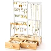 DreamGenius Jewelry Organizer Stand with 2 Velvet Ring Holder Drawers, 5 Tier Jewelry Holder Organizer with 11 Hooks for Necklaces and 145 Holes for Earrings, White