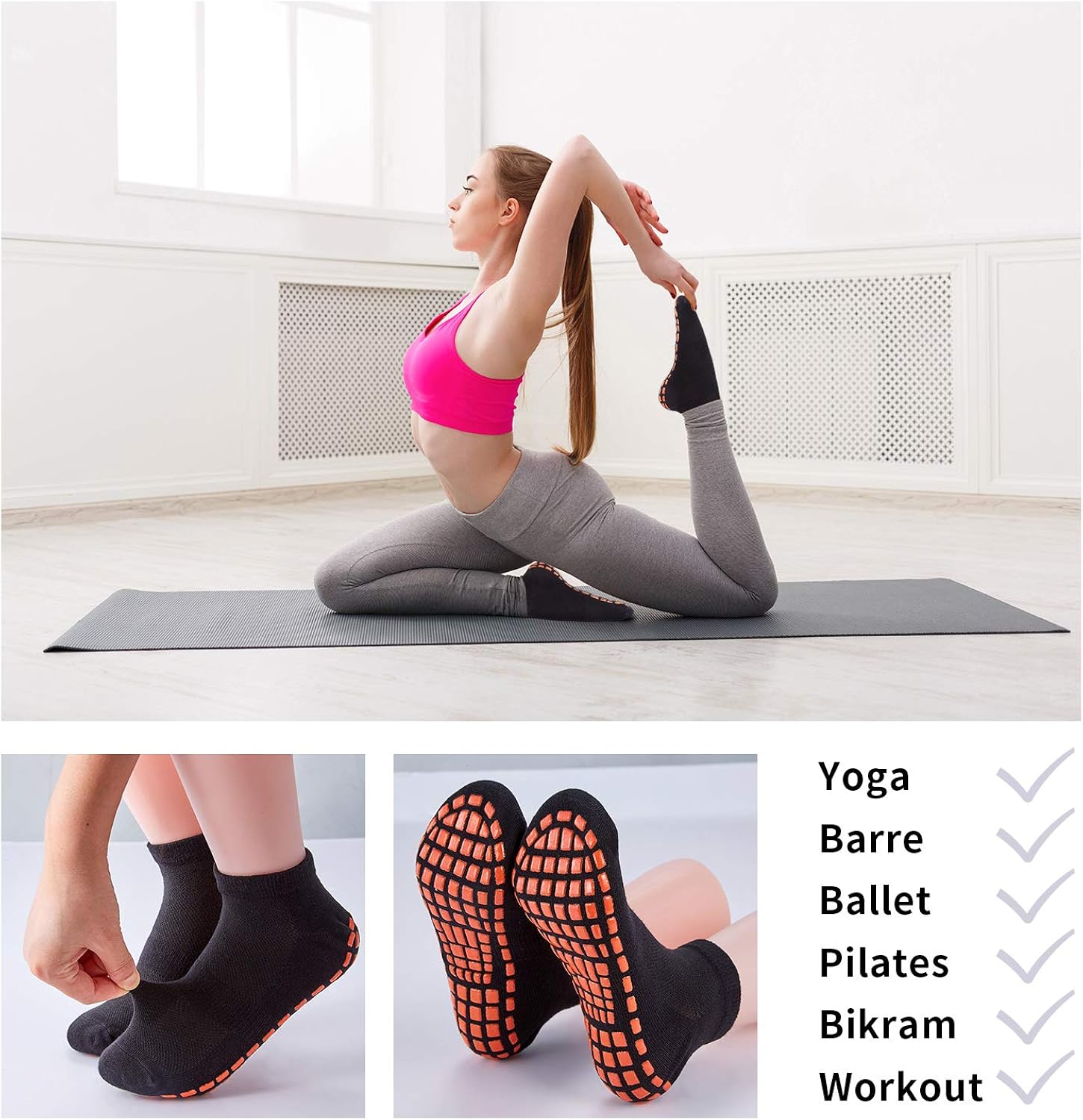 SMILESLIM Non Slip Yoga Socks for Adults Man Women Ideal Yoga Pilates Barre Trampoline Anti-skid socks (2pairs): Clothing