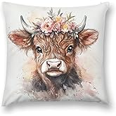 Pink Floral Highland Cow Watercolor Decorative Throw Pillow Covers 18x18 Inch Farmhouse Cushion Cover Plush Pillow Case for Couch Sofa Bed Outdoor Home Decor