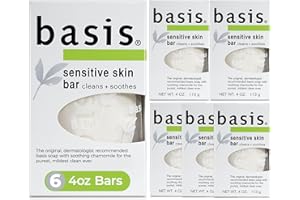 Basis Sensitive Skin Bar Soap for Body, Hands and Face, Unscented Soap Bar for Sensitive Skin with Chamomile and Aloe Vera, 4 Oz, Pack of 6