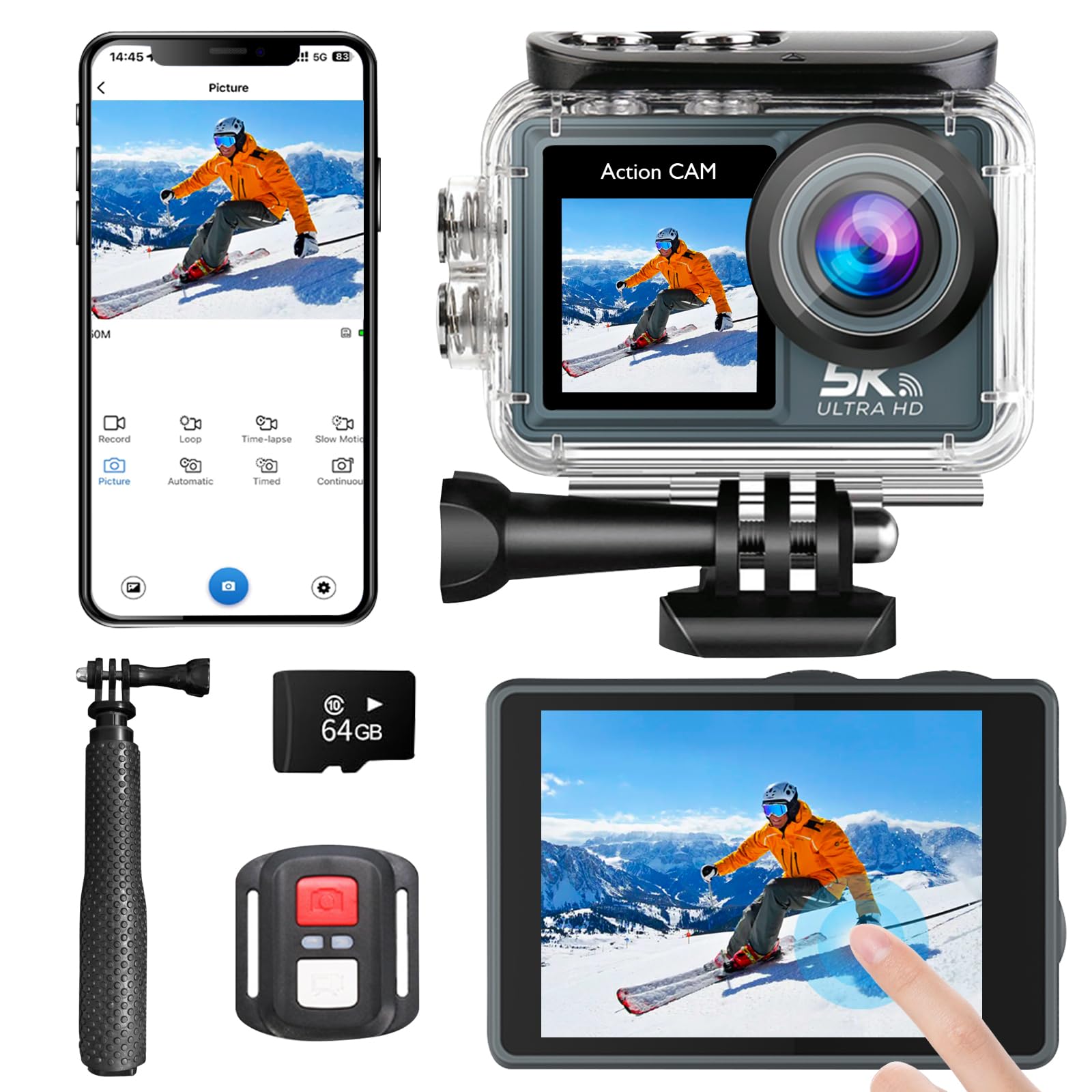 Photo 1 of ***STOCK PHOTO FOR REFERENCE ONLY***Vrebrey Action Camera 5K 30FPS 20MP Waterproof Camera 100FT Underwater EIS Sports Cam with Touch Screen, 170° Wide Angle, Remote Control, WiFi, 5X Zoom for Snorkeling, Diving, Cycling, and Vlogging