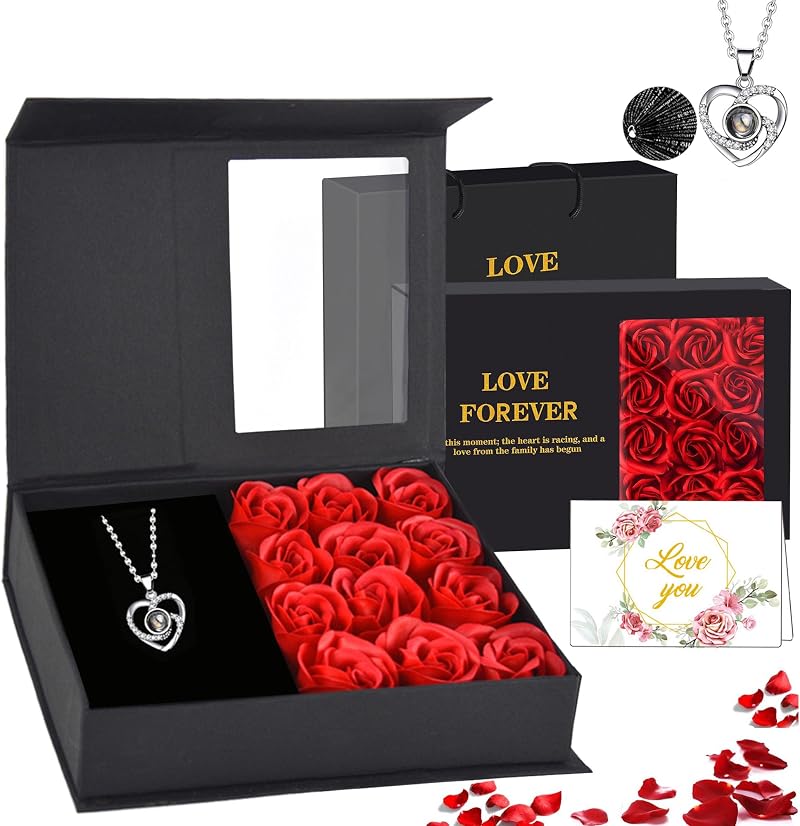 UAVAUI Eternal Flower Rose & I Love You Necklace for Mum, Wife, Girlfriend