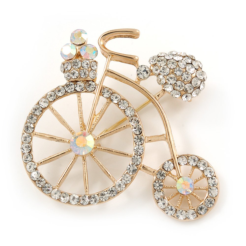 Retro Clear Crystal Bicycle Brooch In Gold Tone Metal - 40mm W