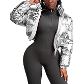 COZYPOIN Women's Metallic Shiny Cropped Puffer Jacket Long Sleeve y2k Zip Up Padded Down Short Coat Outerwear