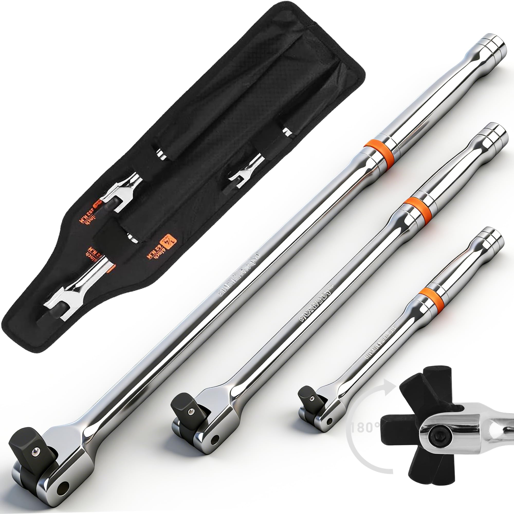 HORUSDY 3Pcs Breaker Bar Set, 1/2"&3/8"&1/4" Sq Drive Breaker Bar, Flexible Knuckle Socket Wrench, Wheel Nut Spanner, Chrome Vanadium Steel