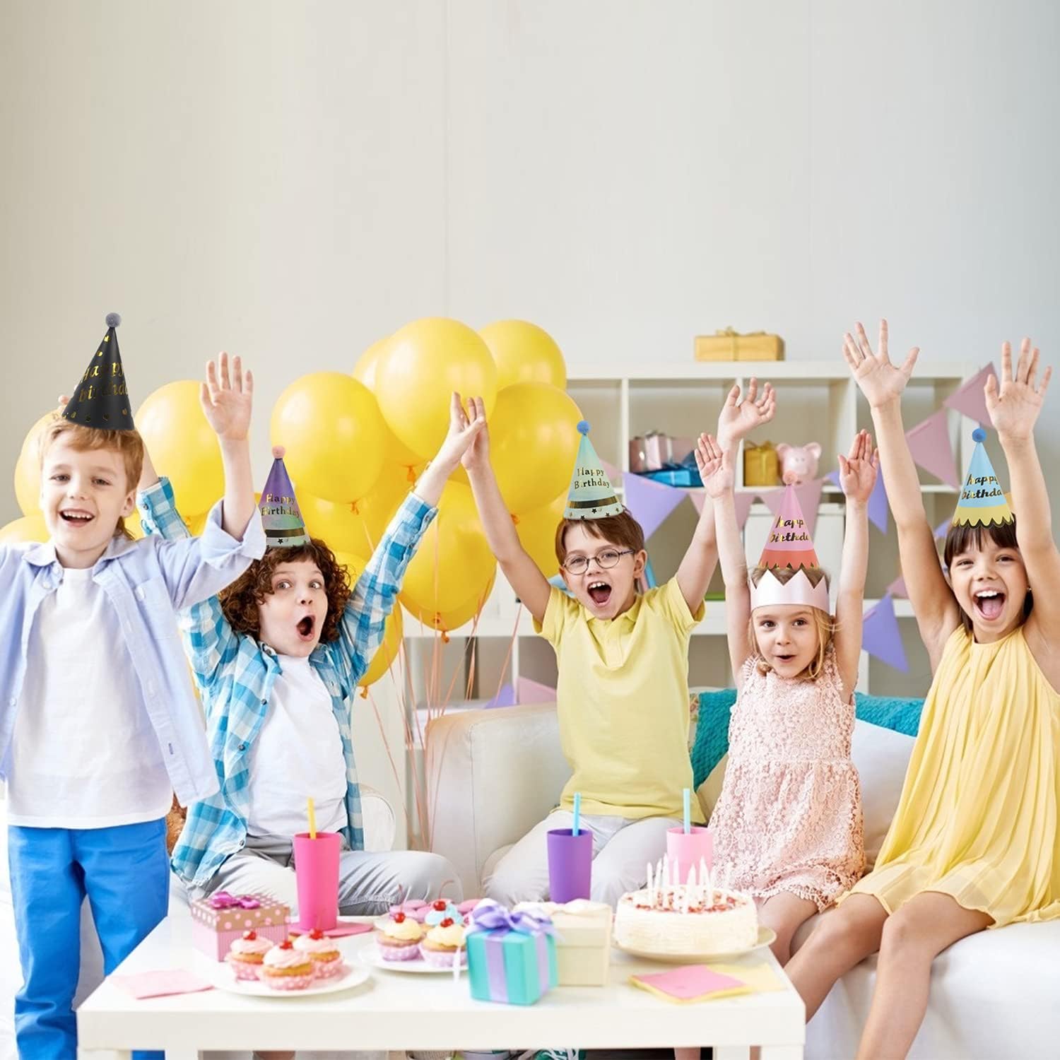 DIYASY Kids Birthday Party Hats, 10 PCS Colorful Party Cone Paper Hats with Pom Poms for Kids Party Decorations Supplies Rainbow: Clothing