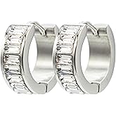 0.60 Inch 316L Stainless Steel Hypoallergenic Huggie Hoop Earrings, Baguette Rectangle Shape CZ Cubic Zirconia