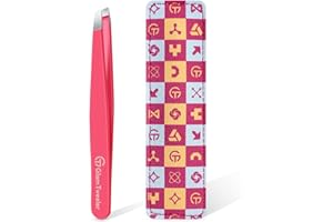 Expert Eyebrow Hair Removal Tweezer with Leather Case, GlamTweeler High Precision Slant Tip Stainless Steel Tweezers for Men and Women (Hot Pink)