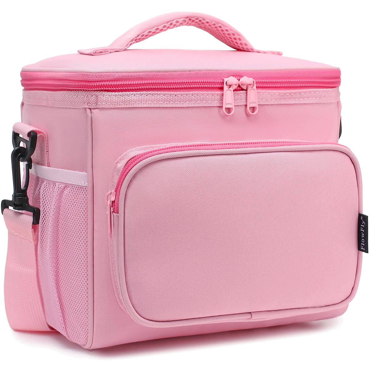 Photo 1 of FlowFly Insulated Reusable Lunch Bag Adult Large Lunch Box for Women and Men with Adjustable Shoulder Strap,Front Zipper Pocket and Dual Large Mesh Side Pockets,Pink
