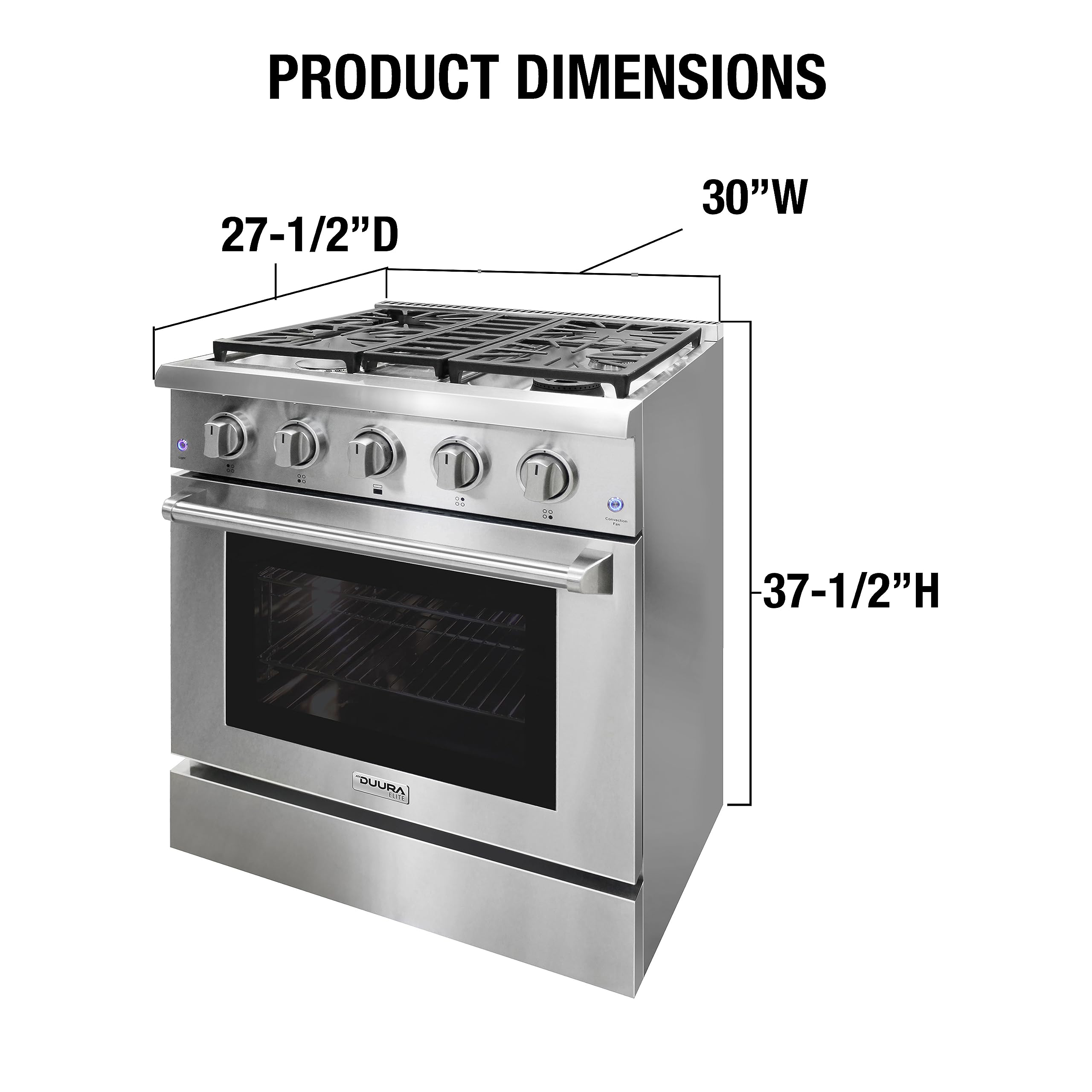 DUURA Elite DE300GRTSS Gas Range with 4 Burner Cooktop Freestanding 30-Inch with Porcelain Convection Oven and Broil Function, Continuous Grates with Stainless Steel Construction, Metallic