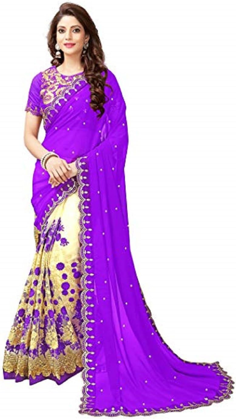 Purple Georgette Embroidered Half & Half Saree
