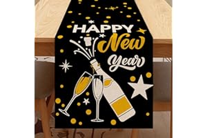 Seliem Happy New Year Eve Cheers Table Runner, Black Gold Tabletop Scarf Home Kitchen Polka Dots Stars Decor, 2025 Winter Holiday Farmhouse Burlap Dining Decorations Party Supply 13 X 72