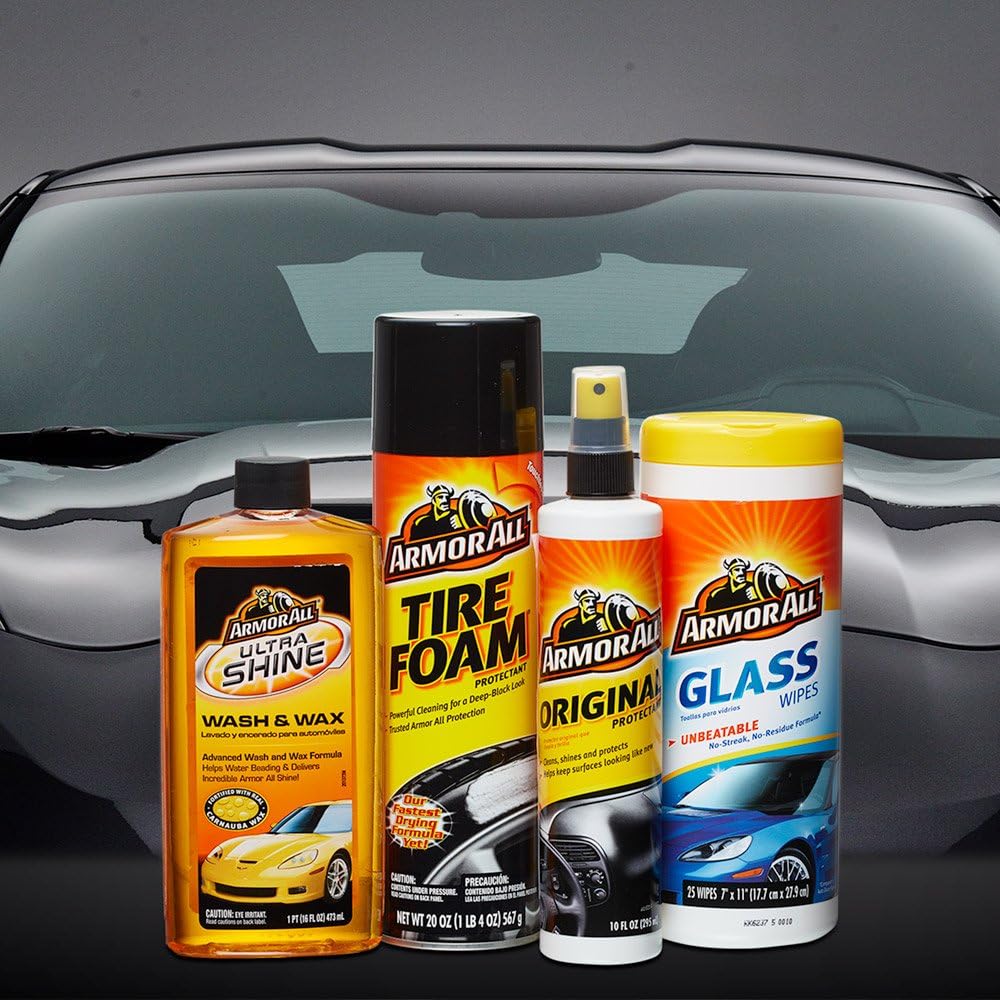 Armor All Car Wash and Cleaner Kit (4 Items) - 2pc Glass Wipes & Protectant with Wax & Wash Concentrate and Tire Shine Foam, 13703C: Automotive
