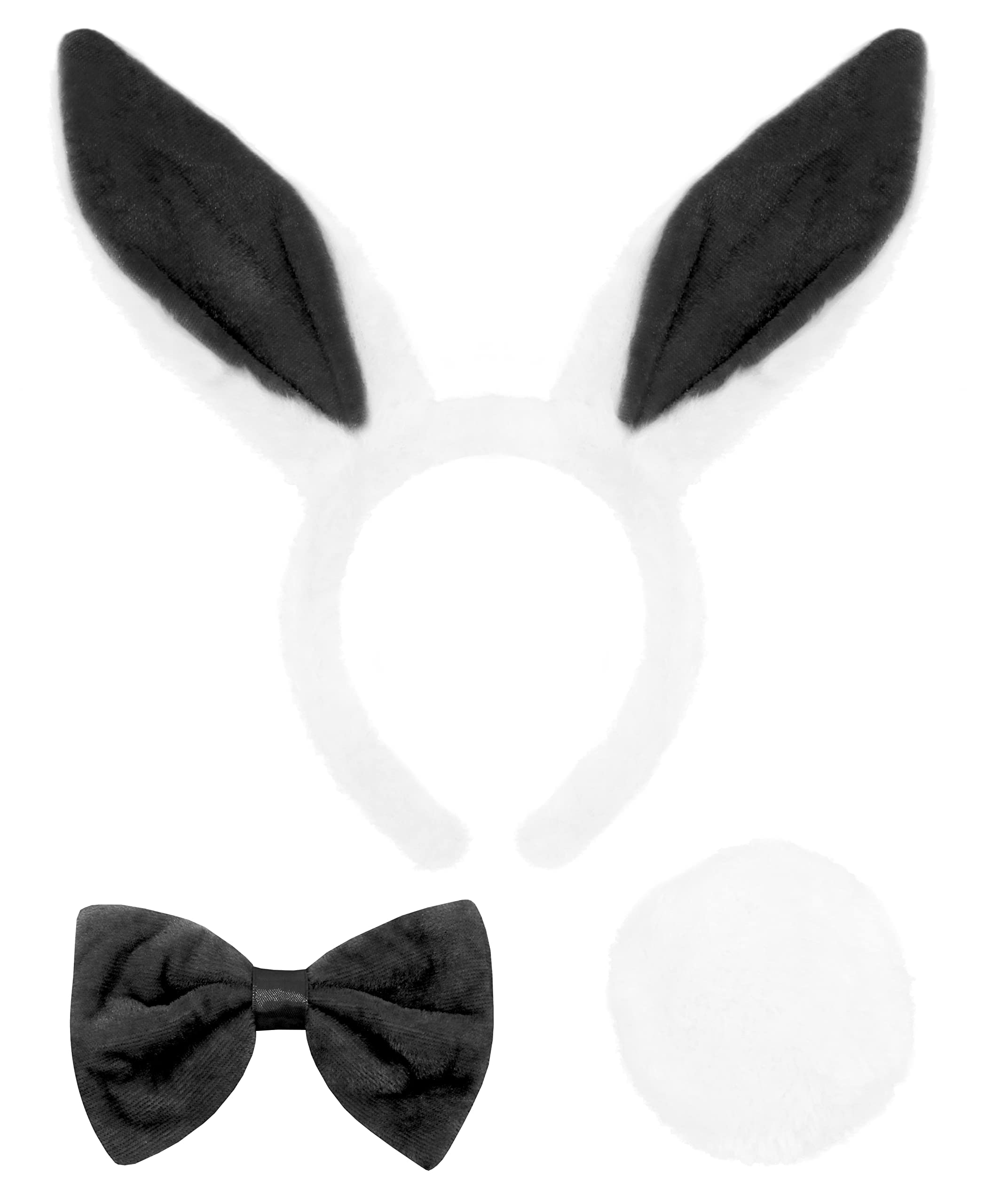 Adults Bunny Costume Accessory Set – White Rabbit Ears, Black Bowtie & Tail – Plush Fancy Dress Kit for Easter, Wonderland & Halloween Party Outfit Womens