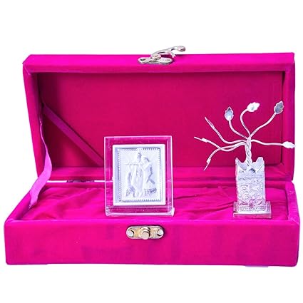 JEWEL FUEL 999 Pure Silver Radha Krishna Stand and German Silver Tulsi Plant Gift Set