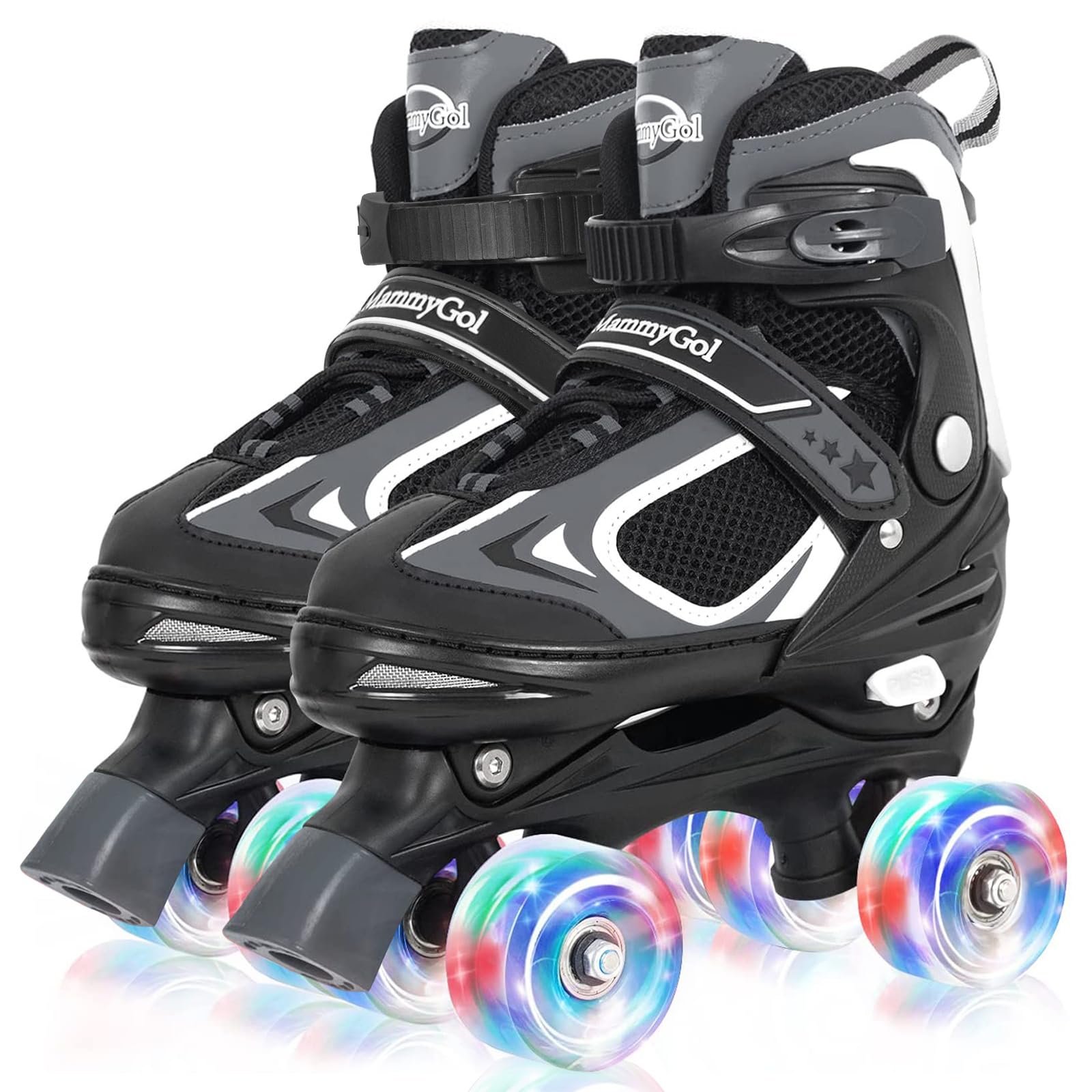 Photo 1 of MammyGol Roller Skates for Boys Girls, 4 Sizes Adjustable Quad Skates for Kids with All Light up Wheels, Full Protection for Toddler's Indoor and Outdoor Play Black Size 1 2 3