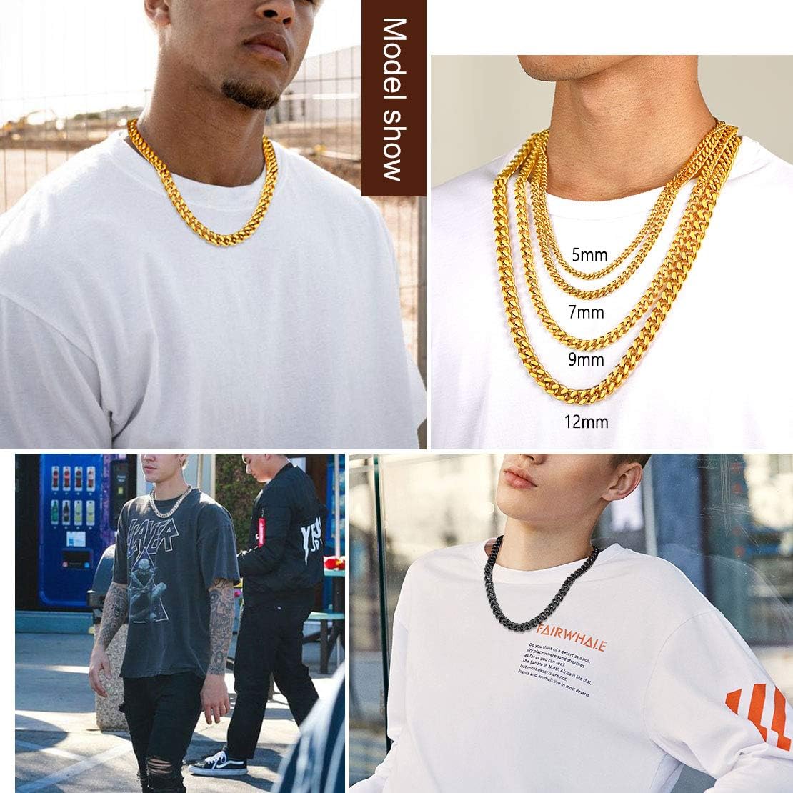 FindChic Black Chain Necklace for Women, Chunky Black Hiphop Jewelry Curb Chain Necklace Thick 12MM 18inch Cuban Link Chains for Boys | 