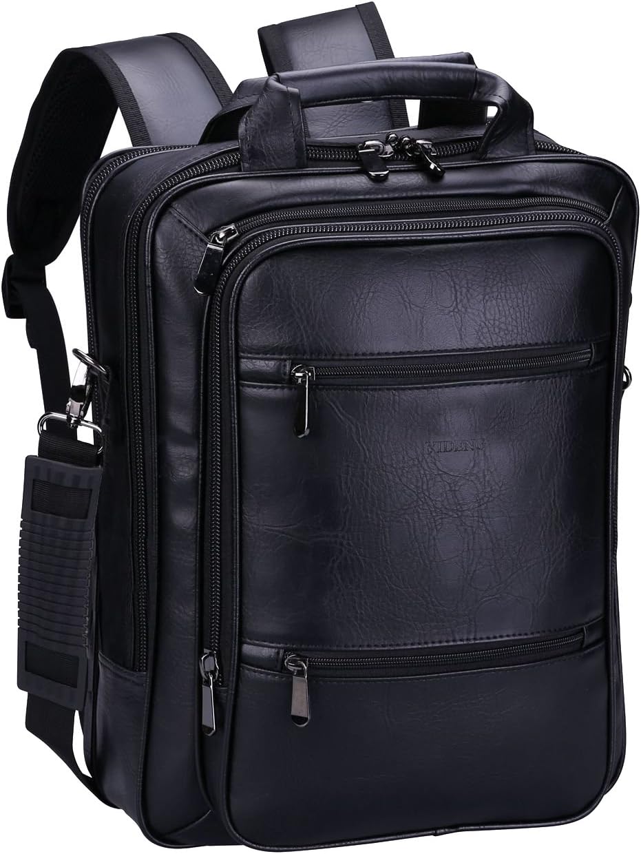 Leather Laptop Backpack 15.6 Inch,VIDENG Multifunctional Business Handle Bag,Classic Vintage Cross body Business Messenger Shoulder Bag for 13 15 inch Macbook Laptop Father's Day Gift (Black-SV6)
