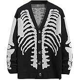 SHENHE Women's Skeleton Print V Neck Button Down Goth Cardigan Grunge Loose Fit Sweater Coat