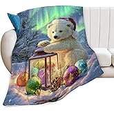 Christmas Polar Bear Blanket White Bear Winter Aurora Throw Blankets Gifts for Girls Boys Kids Animal Lovers Soft Cozy Fleece Plush for Couch Sofa Bed 50"x40"