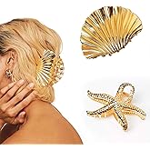 DUOJINSANXI Seashell Hair Clip, Starfish Hair Clips, Gold Claw Clip, Gold Seashell Beach Clips, Large Metal Summer Starfish Mermaid Accessories for Women and Girls (Pack of 2)