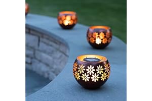Solar Fire Bowl 5.4” 2-Pack Decorative Metal Solar Patio Light with Flickering Flame, Waterproof Dusk-to-Dawn Garden Lantern, Bronze/Copper