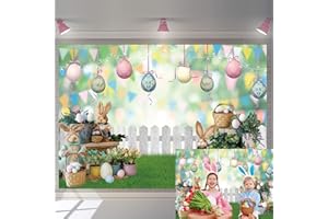 RUYI Easter Backdrop for Photography 7x5FT Spring Bunny Grass and Flower Easter Egg Fence Colorful Bokeh Background Newborn Portrait Party Decoration Studio Props (84x60 inch)