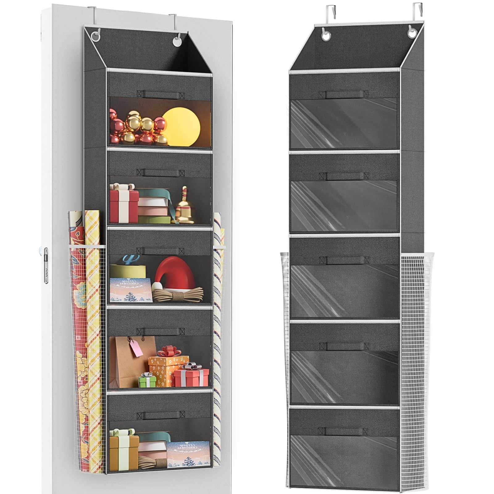 Photo 1 of ***(MISSING HOOKS/ PARTIAL SET)***Ofiray-home Over Door Wrapping Paper Organizer Storage with 5 Removable Drawers & 2 Large Side Pockets for Gift Wrap Rolls Wrap Storage for Ribbons, Bows, Ornaments and Tools