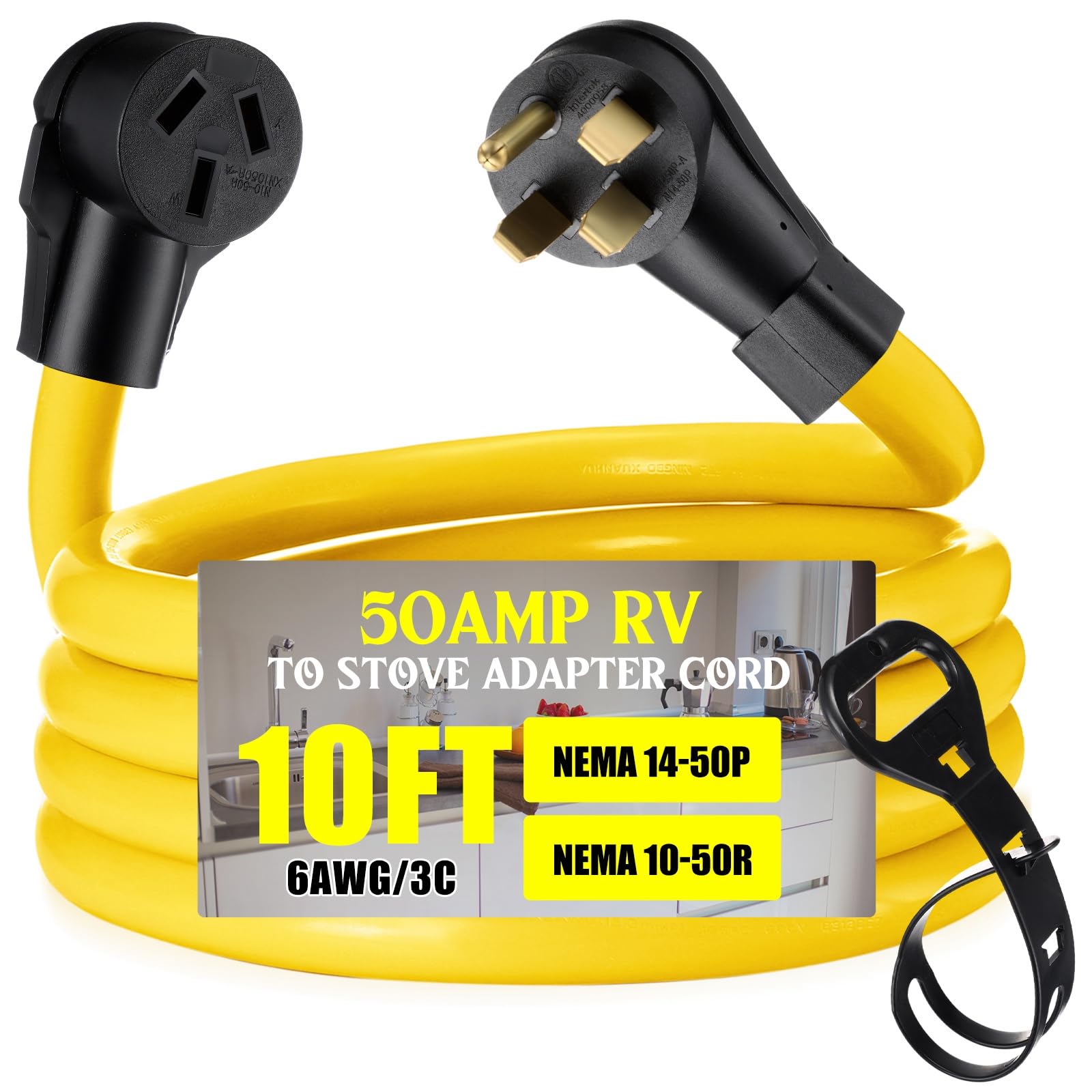 Photo 1 of Tellegloww 10 Feet 50Amp NEMA 14-50P to 10-50R RV to Stove Adapter Cord, 4 Prong Generator RV Male to 3 Prong Stove Oven Female Adapter Generator Dryer Stove Power Connect, STW 6 AWG, ETL Listed