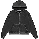 Aelfric Eden Hoodies Washed Solid Zip Up Hoodie Casual Cropped Hooded Sweatshirt Long Sleeve Zipper Pullover Streetwear