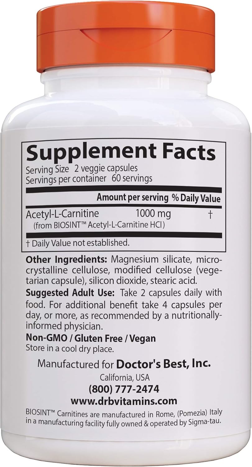 Doctor's Best Acetyl L-Carnitine, Help Boost Energy Production, Support Memory/Focus, Mood, Non-GMO, Vegan, Gluten Free, 120 Count (Pack of 1) (DRB-00152): Health & Personal Care