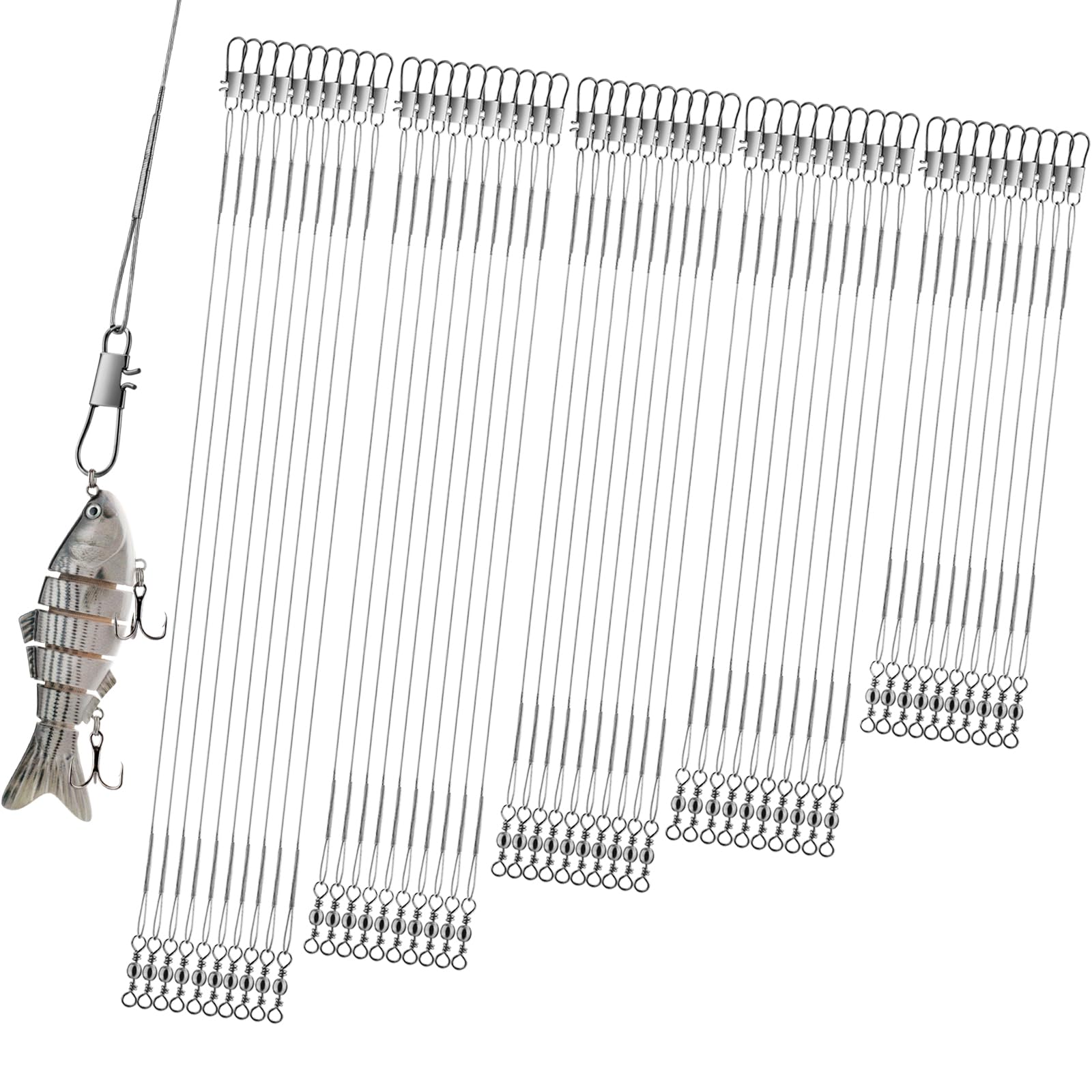 Realure 50 Pcs Stainless Steel Wire Traces Pike Fishing, 5 Size 10cm 15cm 20cm 25cm 30cm Anti-Bite Fishing Leaders with Swivels Snap, Fish Line Fishing Accessories for Bait Rigs Saltwater Freshwater