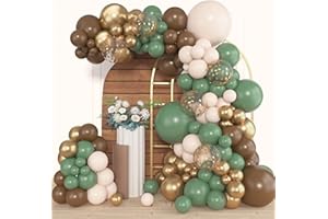 Amandir 153pcs Sage Green Brown Balloon Garland Arch Kit, Different Sizes 18 12 10 5 inch Olive Green Gold Latex Metallic Confetti Balloons for Safari Jungle Woodland Birthday Baby Shower Decorations