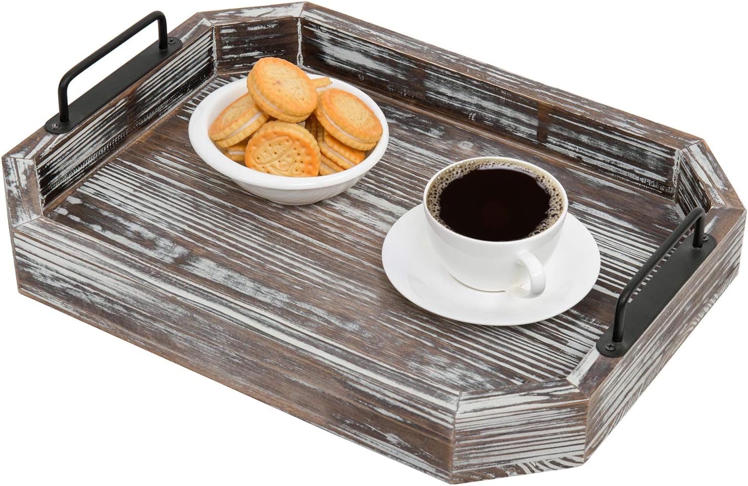 MyGift 16 Inch Rustic Torched Wood Serving Tray with Decorative Matte Black Metal Handles: Home & Kitchen