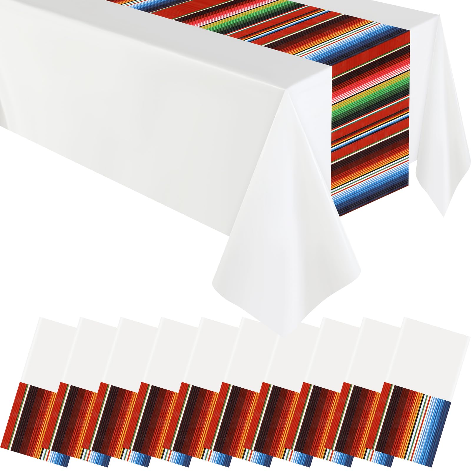 Photo 1 of 10 Pcs Mexican Fiesta Tablecloth Mexican Table Runner 108 x 54 Inch Plastic Striped Theme Party Decor Fiesta Colorful Striped Table Cover for Cinco De Mayo Party(White)