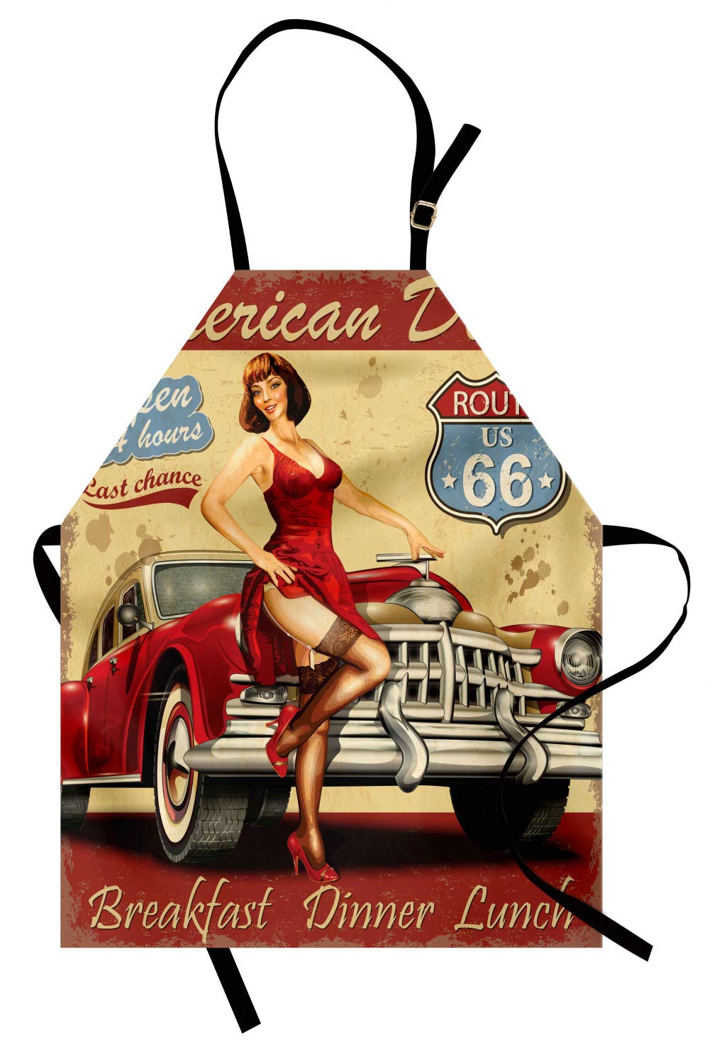 Lunarable Route 66 Apron, American Diner Advertisement Poster with Sexy Girl and Automobile Nostalgic Art, Unisex Kitchen Bib Apron with Adjustable Neck for Cooking Baking Gardening, Mustard Red