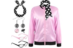 JORHIG 7 Pcs 1950s Pink Satin Costumes for Women, Women Pink Jacket 50s Outfits for Halloween Cosplay Costumes Party