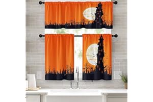Arttown Halloween Kitchen Curtains Orange Window Curtains and Valances Set 24 Inch, Castle Pumpkin Moon Night Short Tier Curtain for Kitchen, Small Kitchen Decor