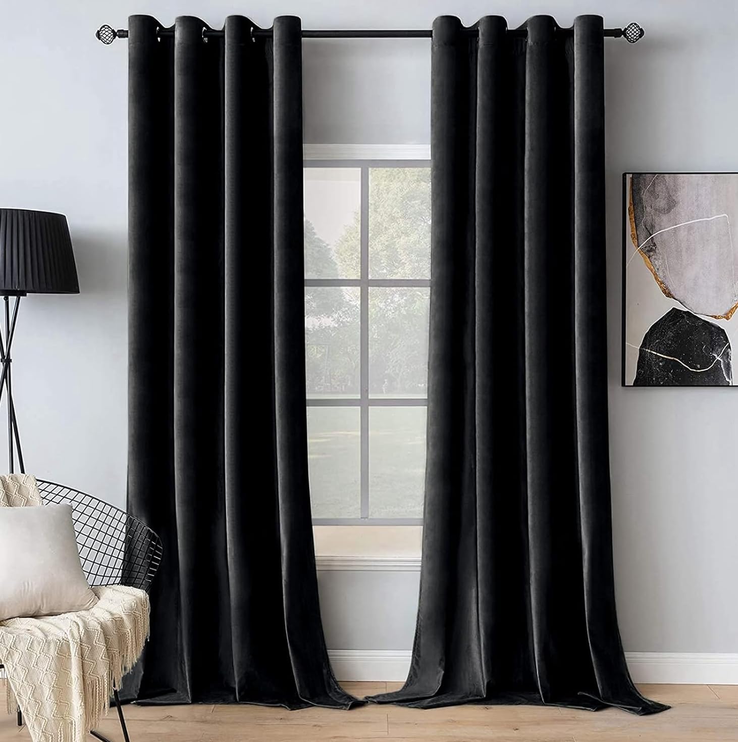 MIULEE Black Velvet Curtains for Bedroom 2 Panel Set 54 Inch Drop Curtains, Soft Elegent Home Decor Velvet Curtain Living Room, Sun Blocking Room Darkening Thermal Eyelet Curtain 46x54 Inch
