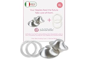 SILVERETTE The Original Silver Nursing Cups, Nipple Covers for Breastfeeding Essentials, Pure 925 Silver Nipple Shields for Breastfeeding Newborn, XL Size with O-Feel Silicone Rings