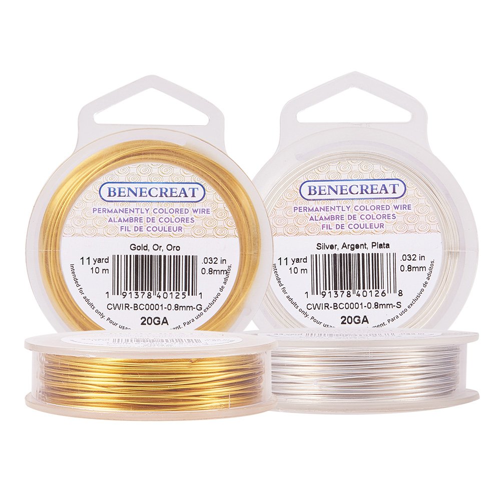 BENECREAT 2PCS 0.8mm(20 Gauge) Tarnish Resistant Wire, Mixed color(Gold and Silver), 10M/11Yard per color, 2 Color/Set
