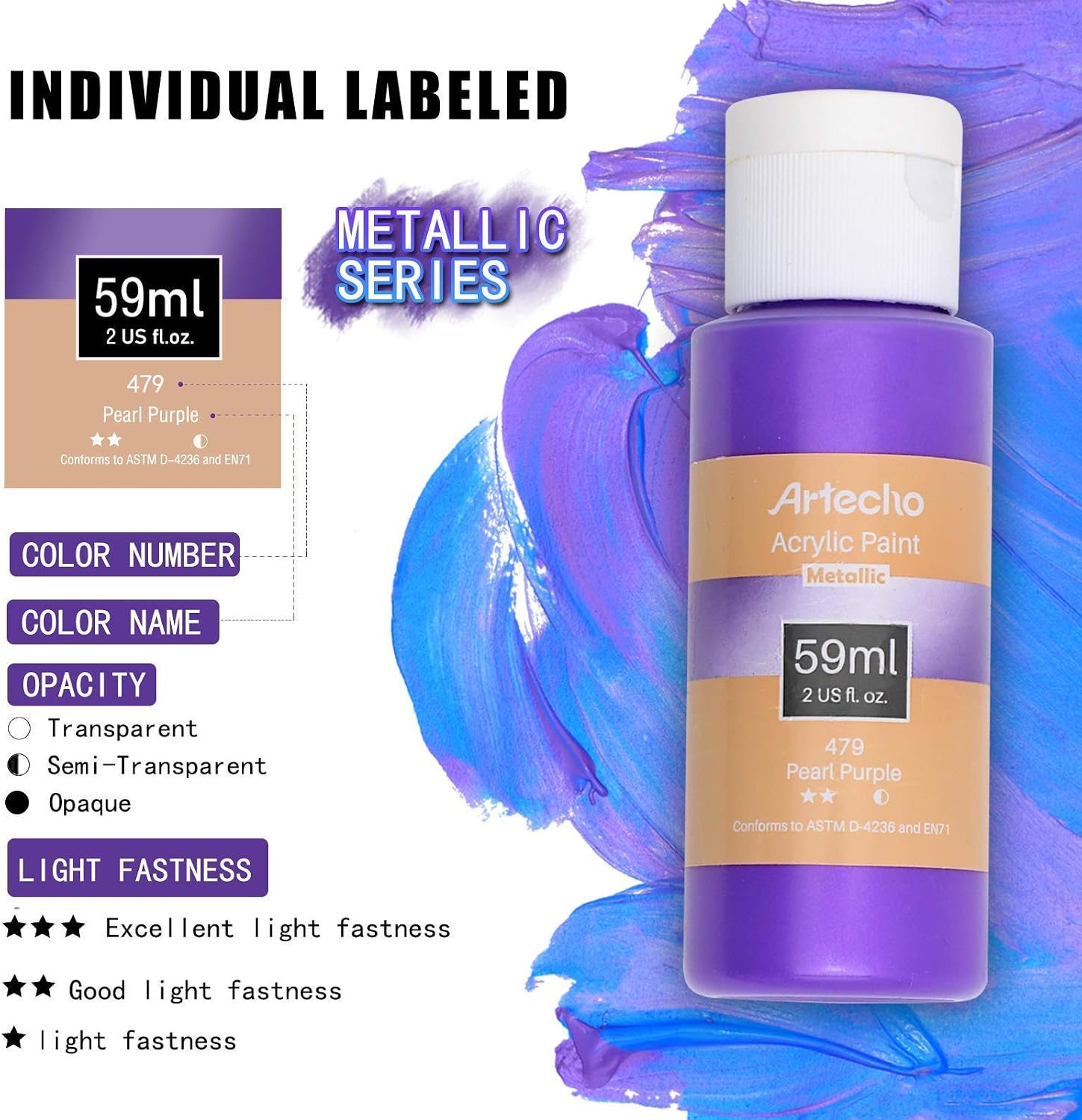 Artecho Metallic Acrylic Paint Set, 12 Colors, 2 Oz/59ml, for Wood Fabric, Canvas, Leather & Stone, 12 Metallic Colors - Image 5