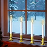 SUNSGNE Battery Operated Window Candles, Flameless Window Candles with Auto Timer for Holiday Home Table Christmas Decor, C26 LED Ultra-Bright Bulbs, 4 Pack, Gold Base