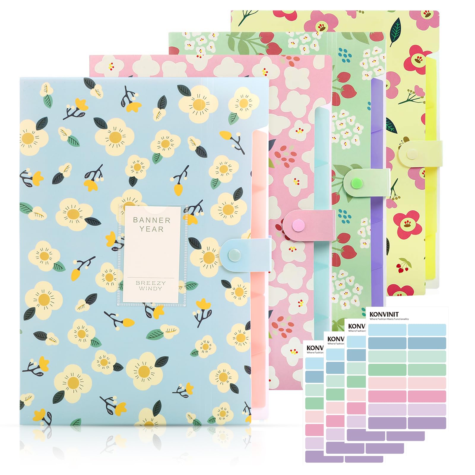 KONVINIT 4 Pack A4 File Folder Expanding File Folder with 5 Pockets Floral Accordian File Orgsniser High Capacity for Home School Office