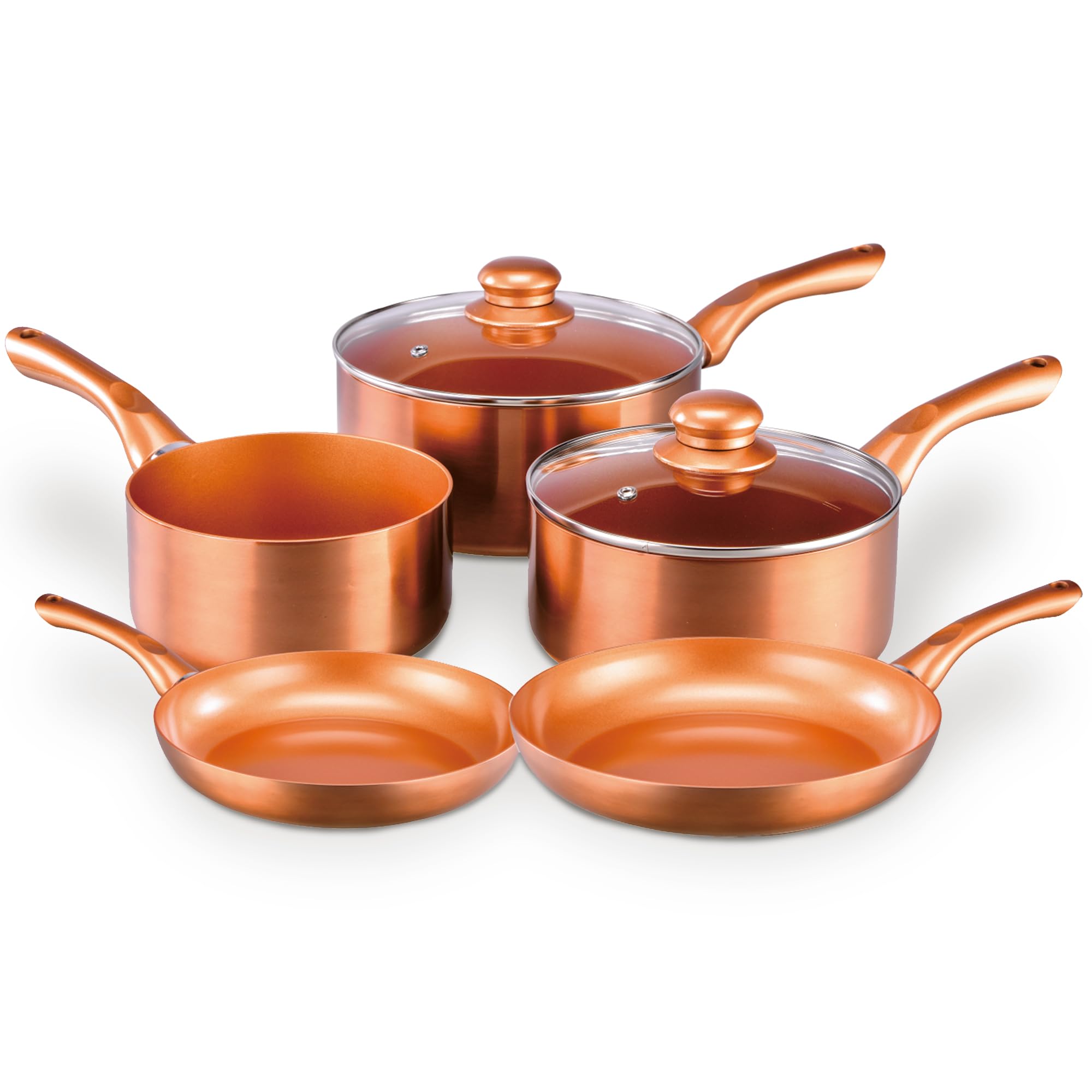 Cermalon 5-Piece Copper Collection Cookware Set-Includes 2X Frying Pans and 3X Saucepans- Ceramic Non-Stick Coating with Metallic Copper Exterior-Compatible for All Types of Hobs-PTFE & PFOA Free